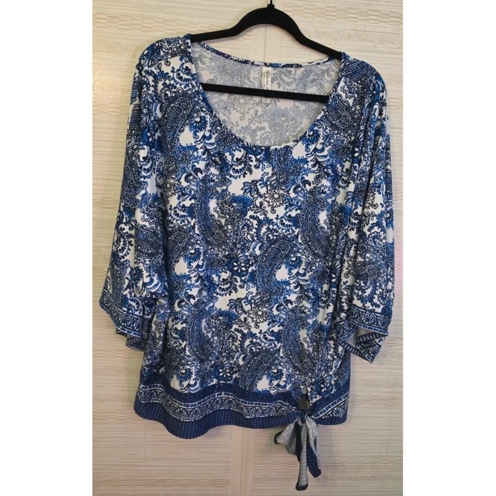 Perception Women Blue White Paisley Side Tie Blouse Top 2x